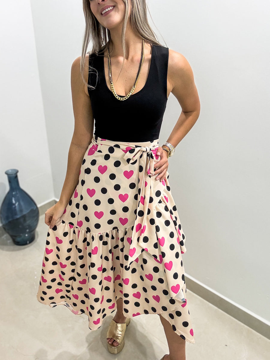 BEIGE/BLACK POLKA DOT HEART WRAP AROUND SKIRT