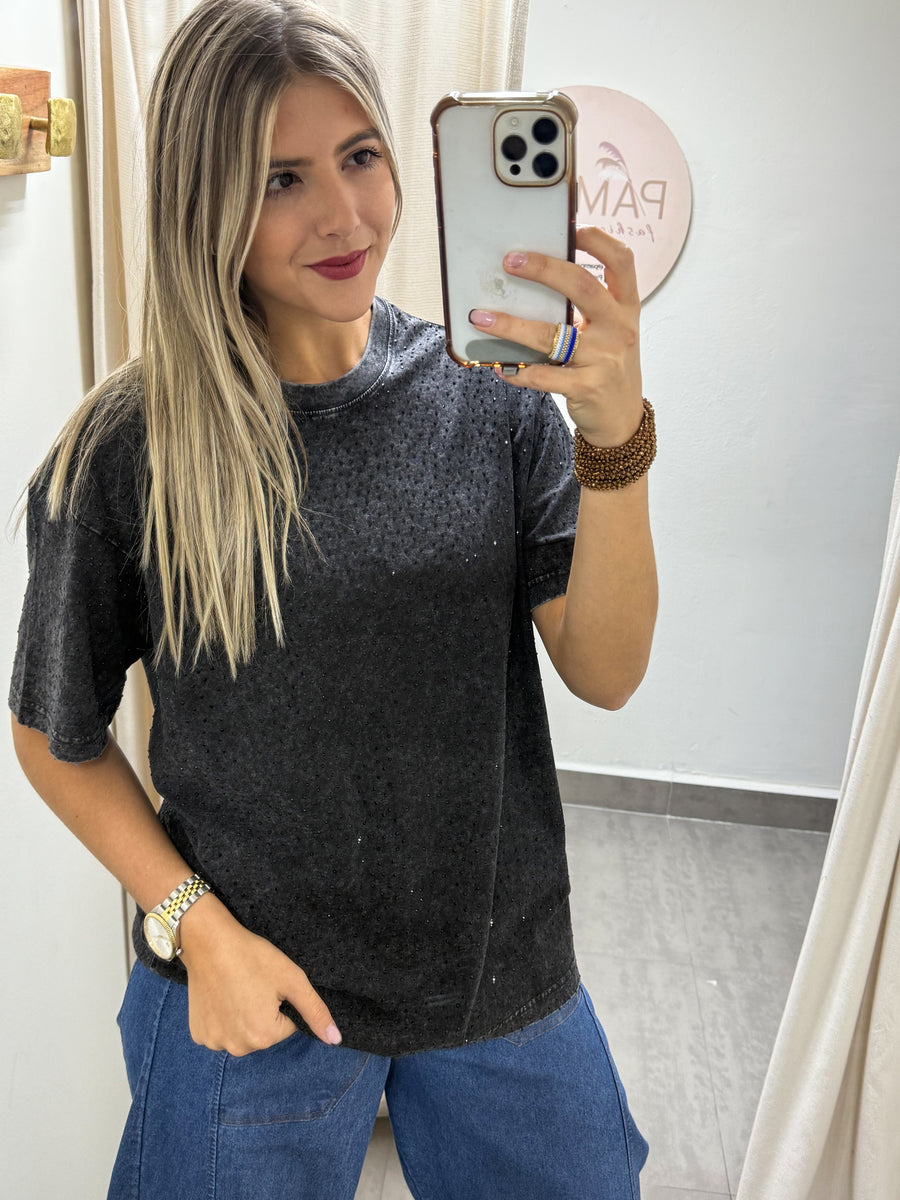BLACK LONG OVERSIZED RHINESTONES TSHIRT