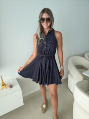 NAVY SLEEVELESS TIE FRONT SHORT DRESS
