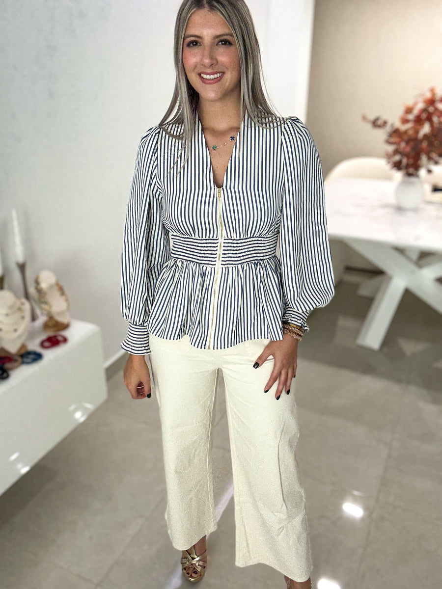 NAVY/CREAM STRIPED ZIPPER LONG SLEEVE BLOUSE