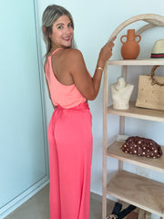 CORAL SILKY WIDE LEG PANTS