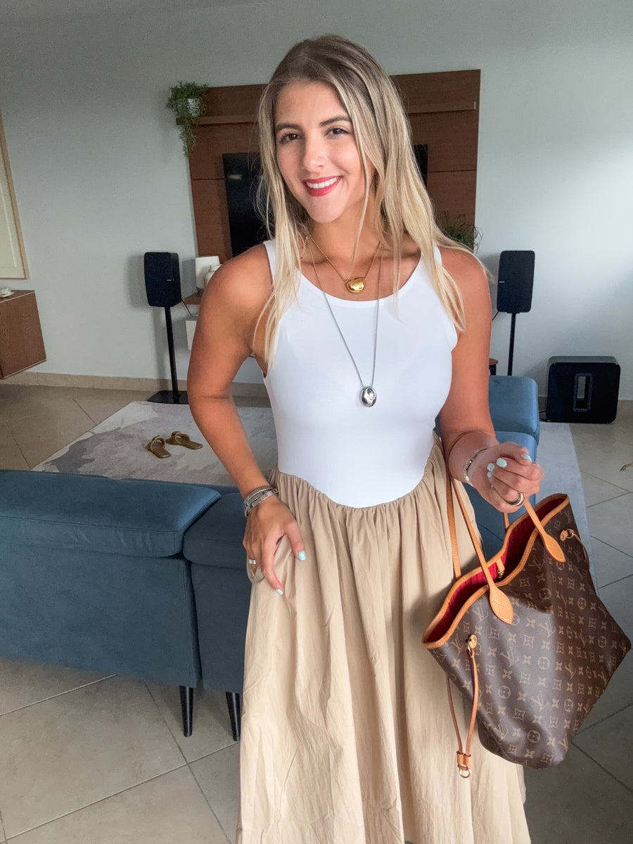 TAUPE/WHITE KNIT CONTRAST MIDI DRESS