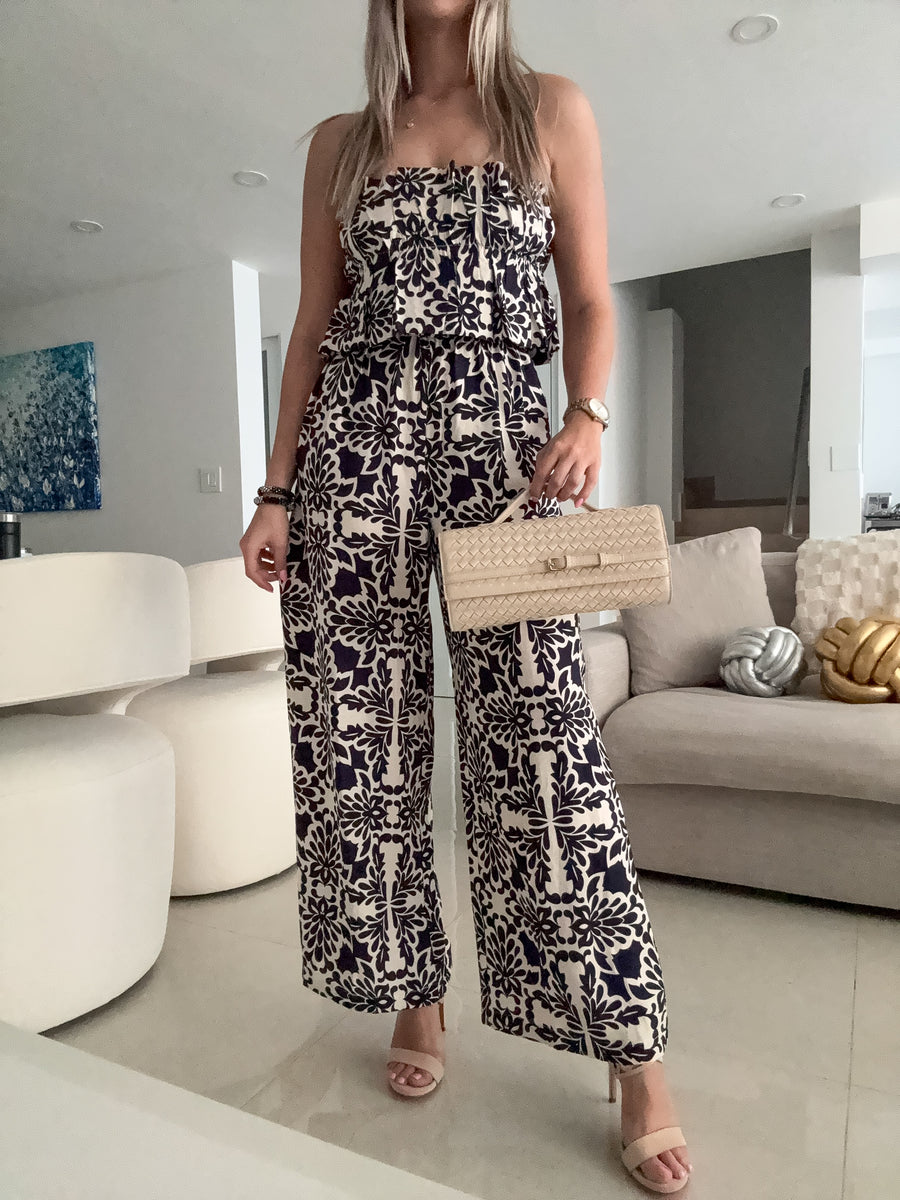 STRAPLESS NAVY PRINTED JUMPSUIT