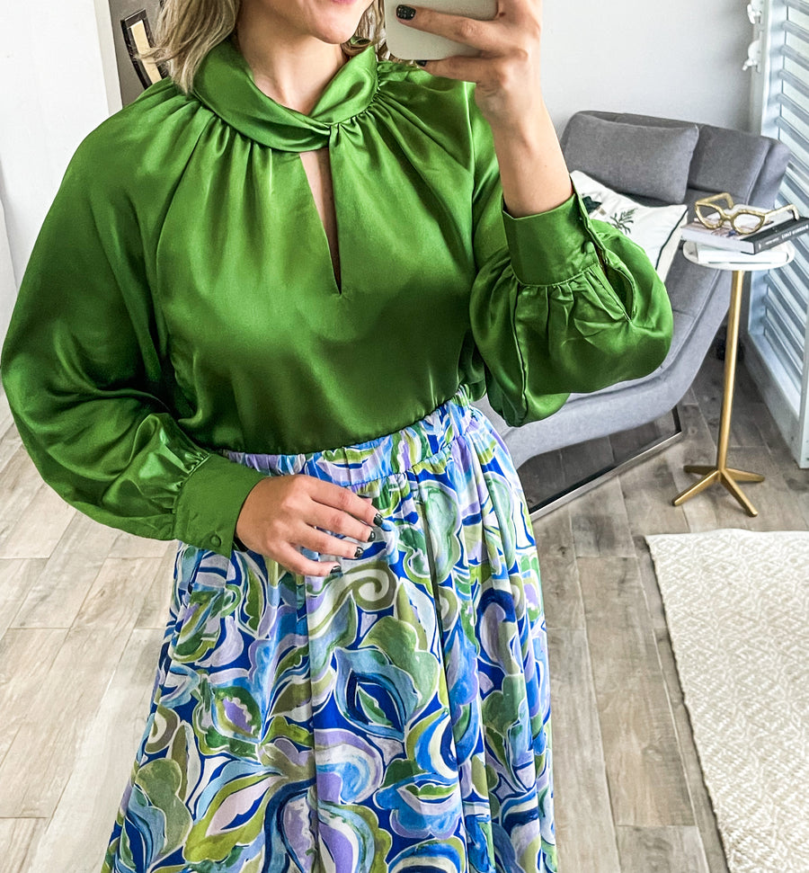 LIGHT GREEN SATIN TWISTED NECK BLOUSE
