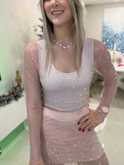 PINK RHINESTONES MESH LONG SLEEVE BLOUSE