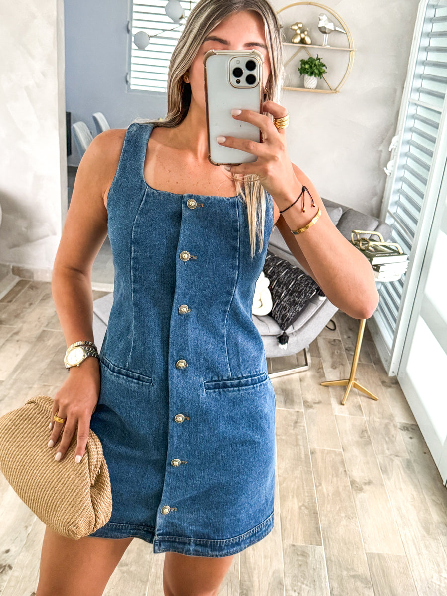 DARK DENIM/GOLD BUTTONED DOWN SHORT DRESS