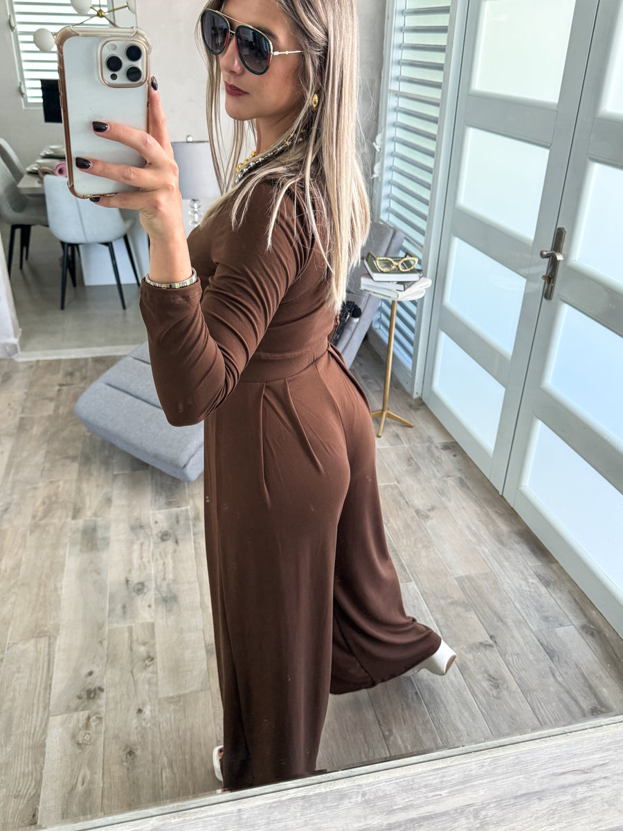 CHOCOLATE LONG SLEEVE CROP TOP & HIGH WAISTED PANT SET