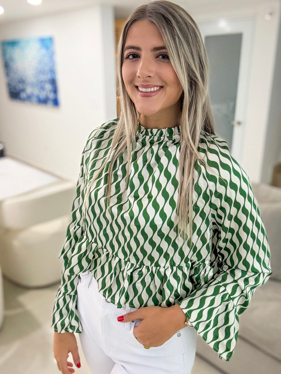 GREEN/WHITE STRIPED PEPLUM BLOUSE