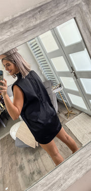 BLACK SATIN MOCK NECK SHOULDER PADDED DRESS