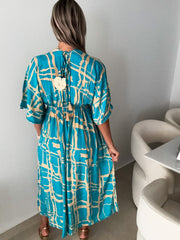 TURQUOISE/GOLD KIMONO SLEEVES DRESS