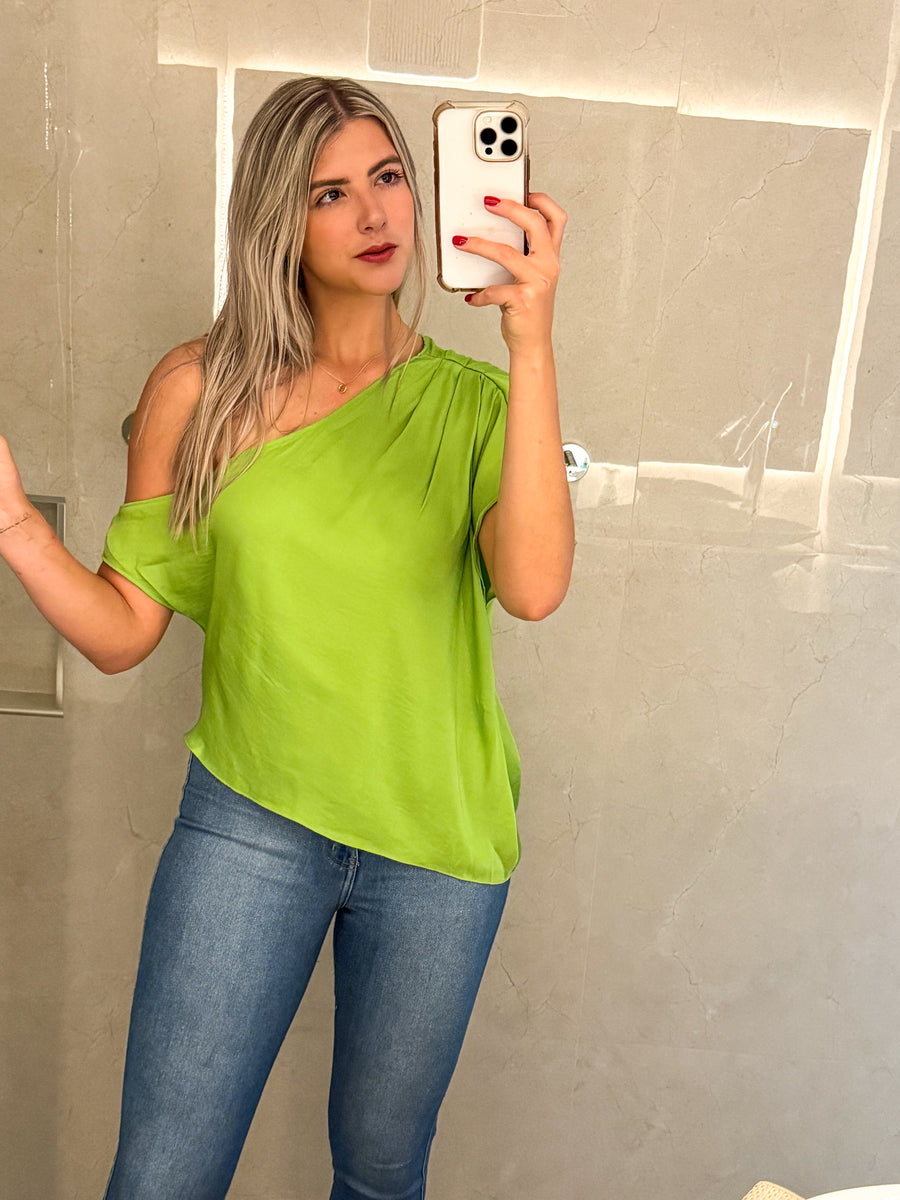 LIME OFF SHOULDER SATIN BLOUSE