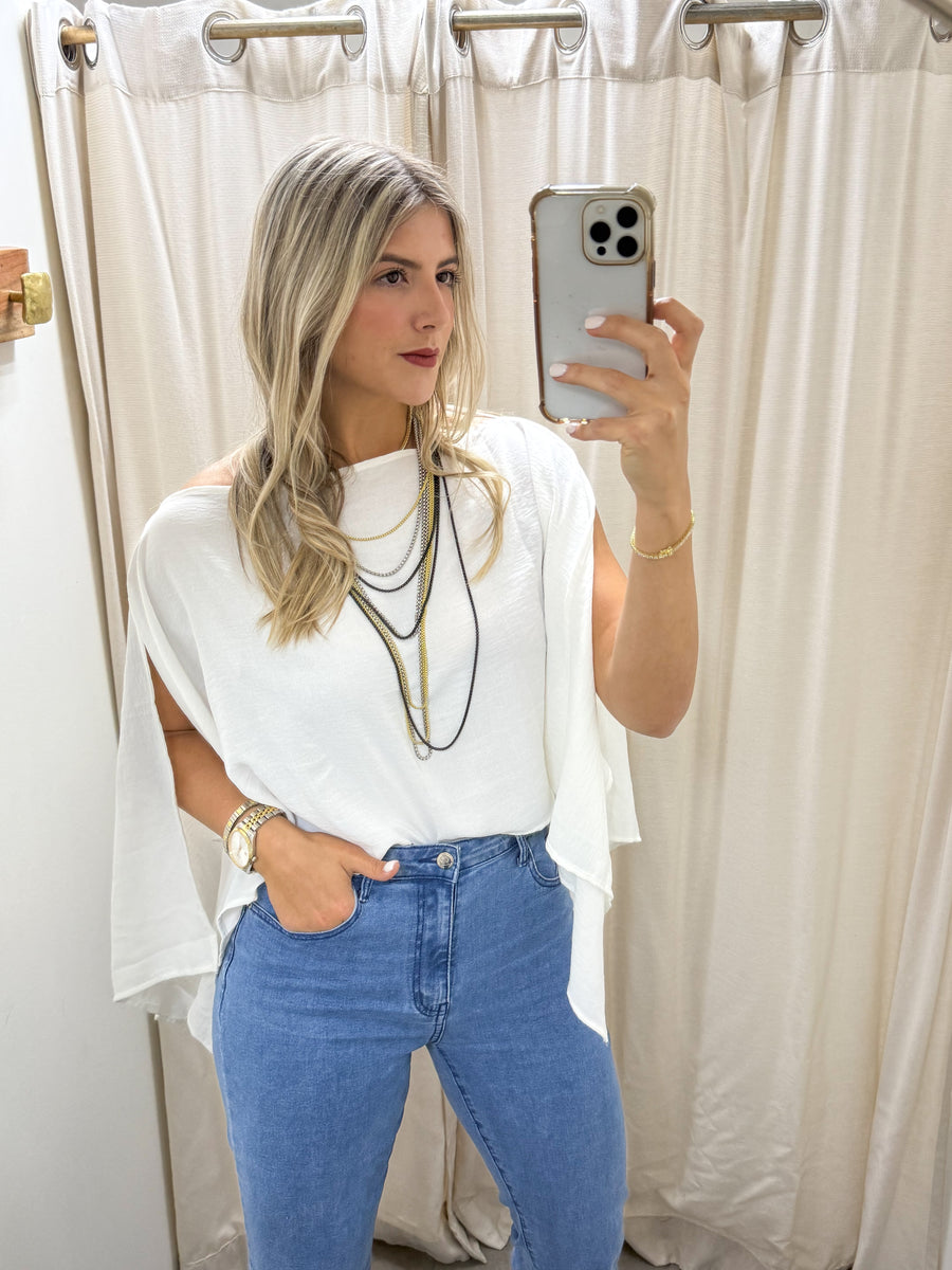 WHITE OPEN SLEEVES BLOUSE