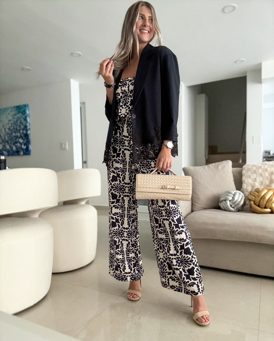 STRAPLESS NAVY PRINTED JUMPSUIT