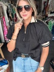 BLACK/MOCHA TRACK CONTRAST BLOUSE