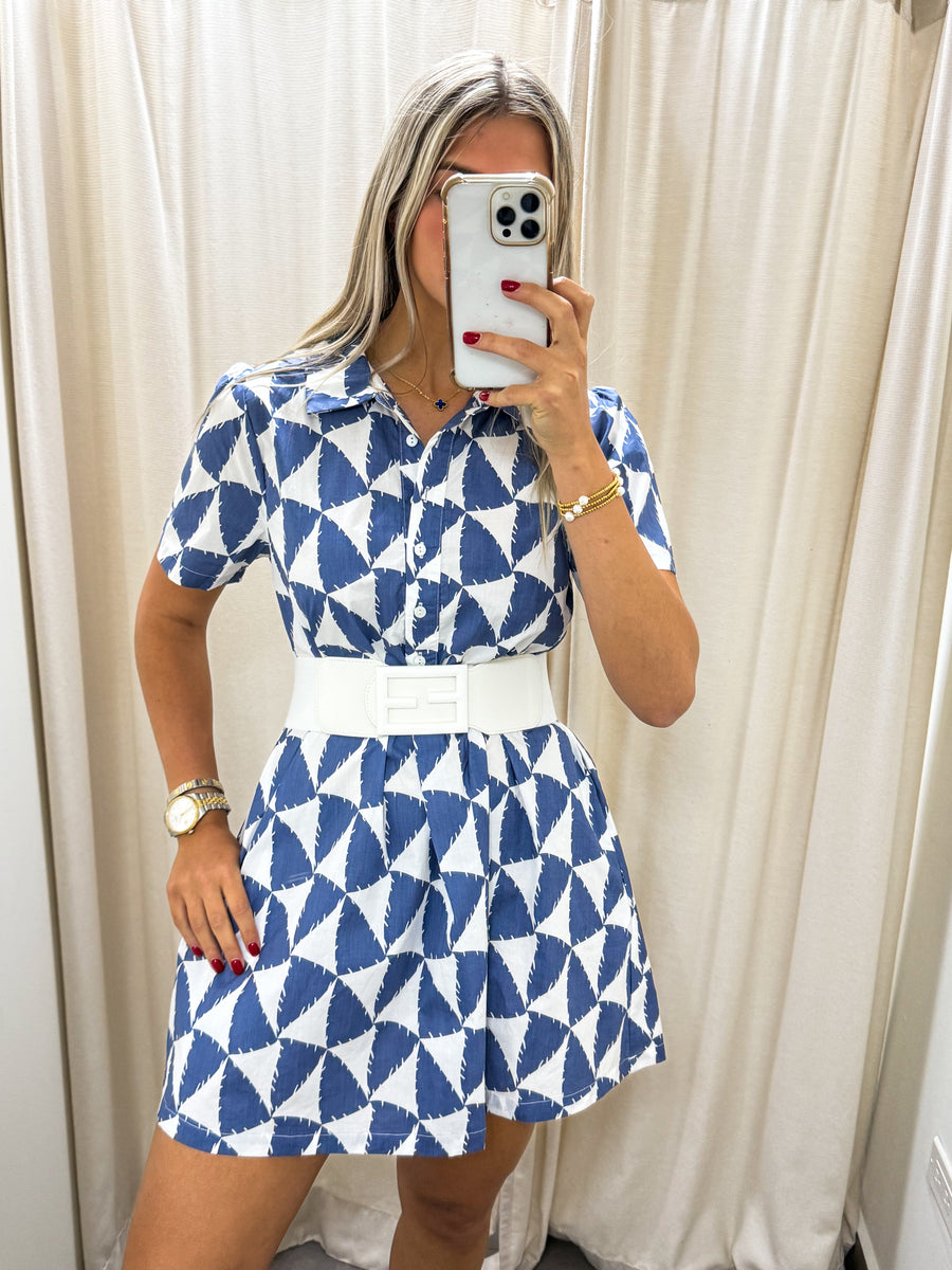 DENIM BLUE PRINTED SHORT DRESS