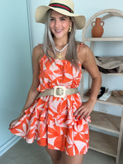 ORANGE PRINTED RUFFLE DRESS