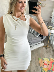 OFF WHITE ASYMMETRICAL NECK KNIT DRESS