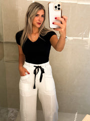 WHITE BLACK WIDE LEG PANTS