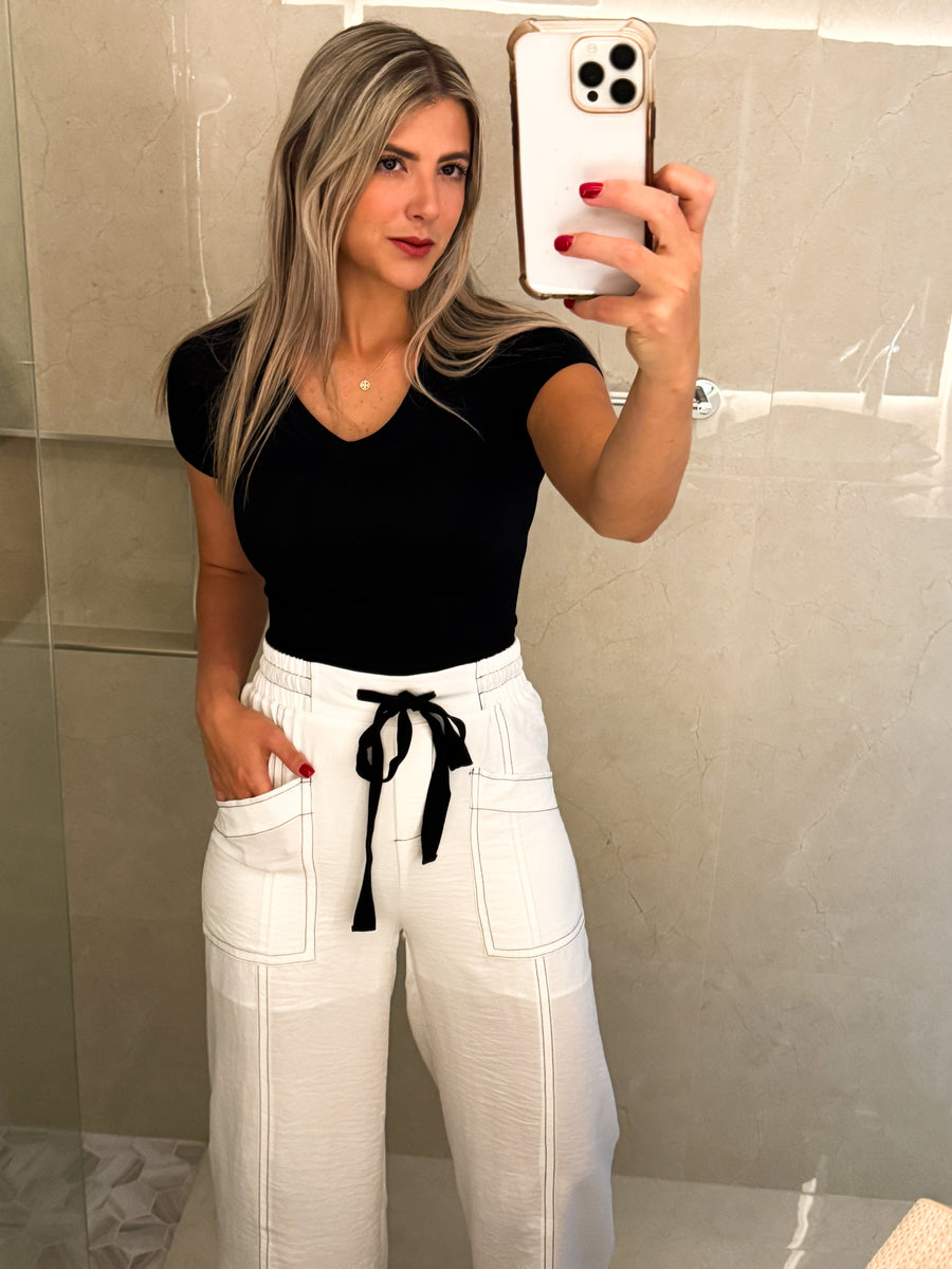 WHITE BLACK WIDE LEG PANTS