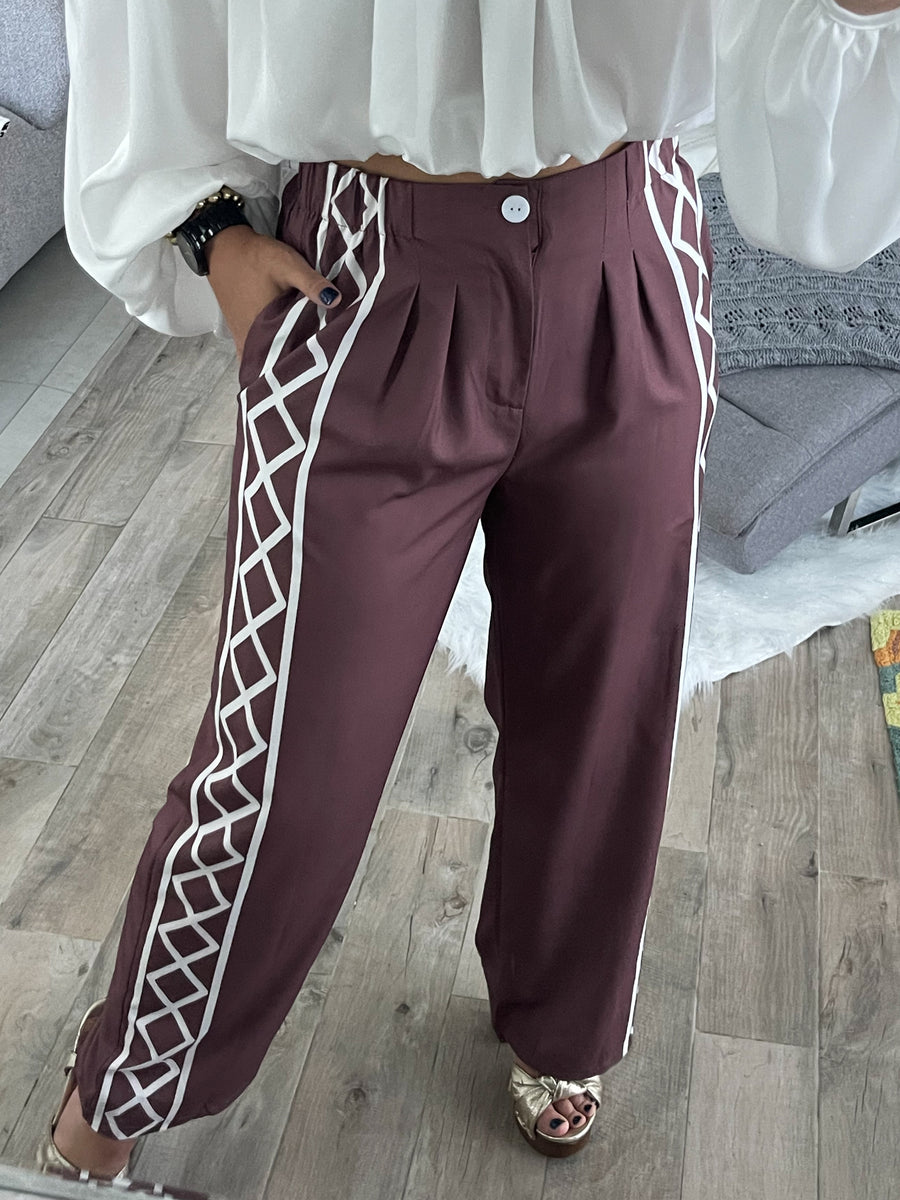 BROWN SIDE DETAILED WIDE LEGGED PANTS