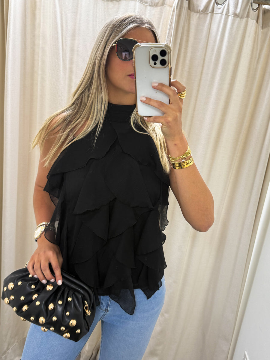 BLACK HALTER RUFFLE BLOUSE