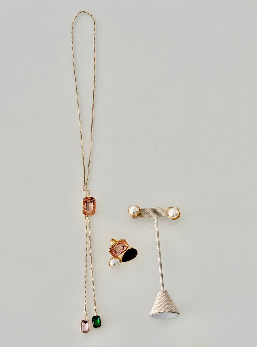 LONG GEM LARIAT NECKLACE SET IN PINK/BLACK