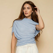BLUE MESH RUCHED BLOUSE