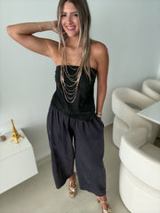 BLACK MINERAL WASH STRAPLESS ASYMMETRIC BLOUSE