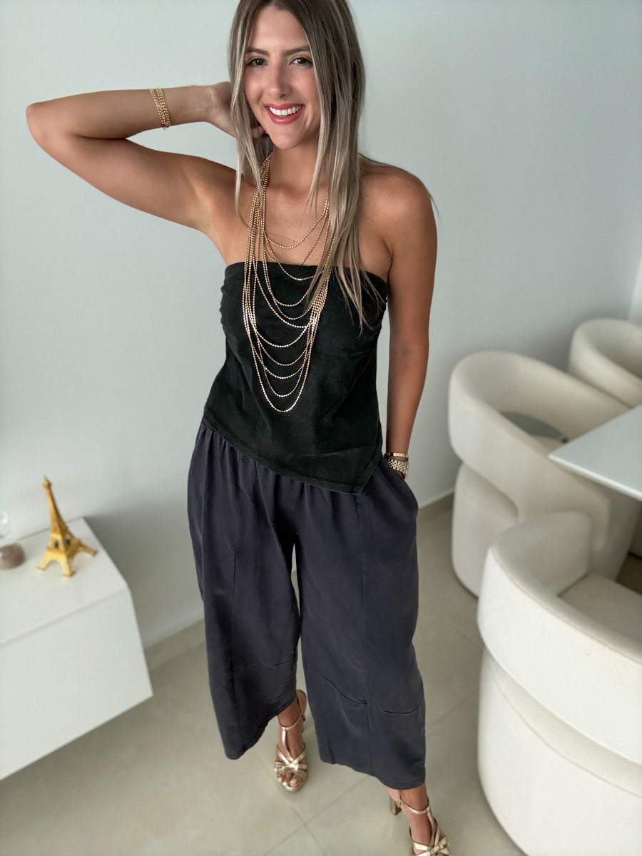 BLACK MINERAL WASH STRAPLESS ASYMMETRIC BLOUSE