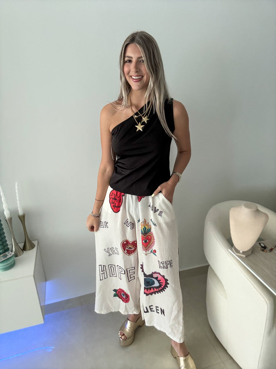 CREAM DOODLES WIDE LEG PANTS