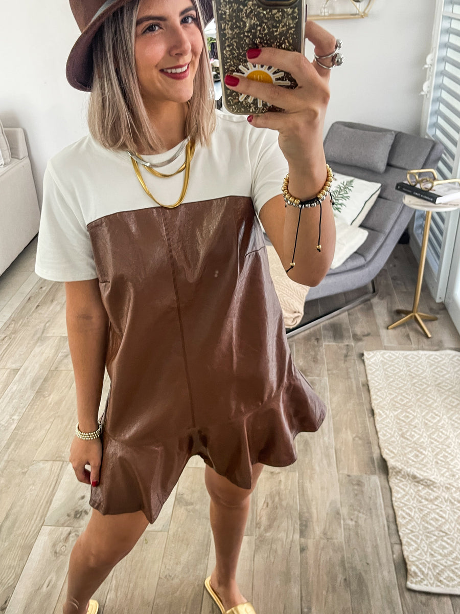 BROWN KNIT & FAUX LEATHER DRESS