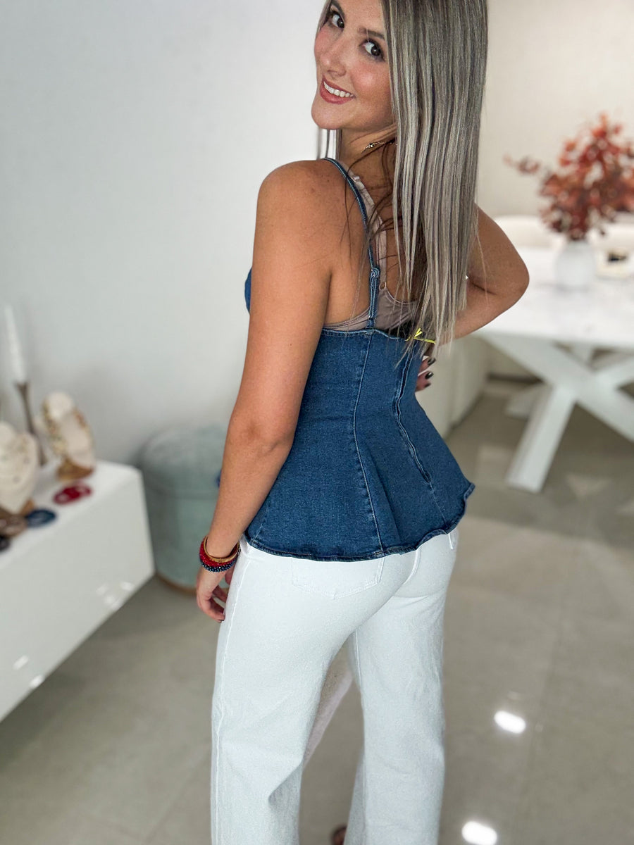 DENIM SWEETHEART NECK PEPLUM BLOUSE