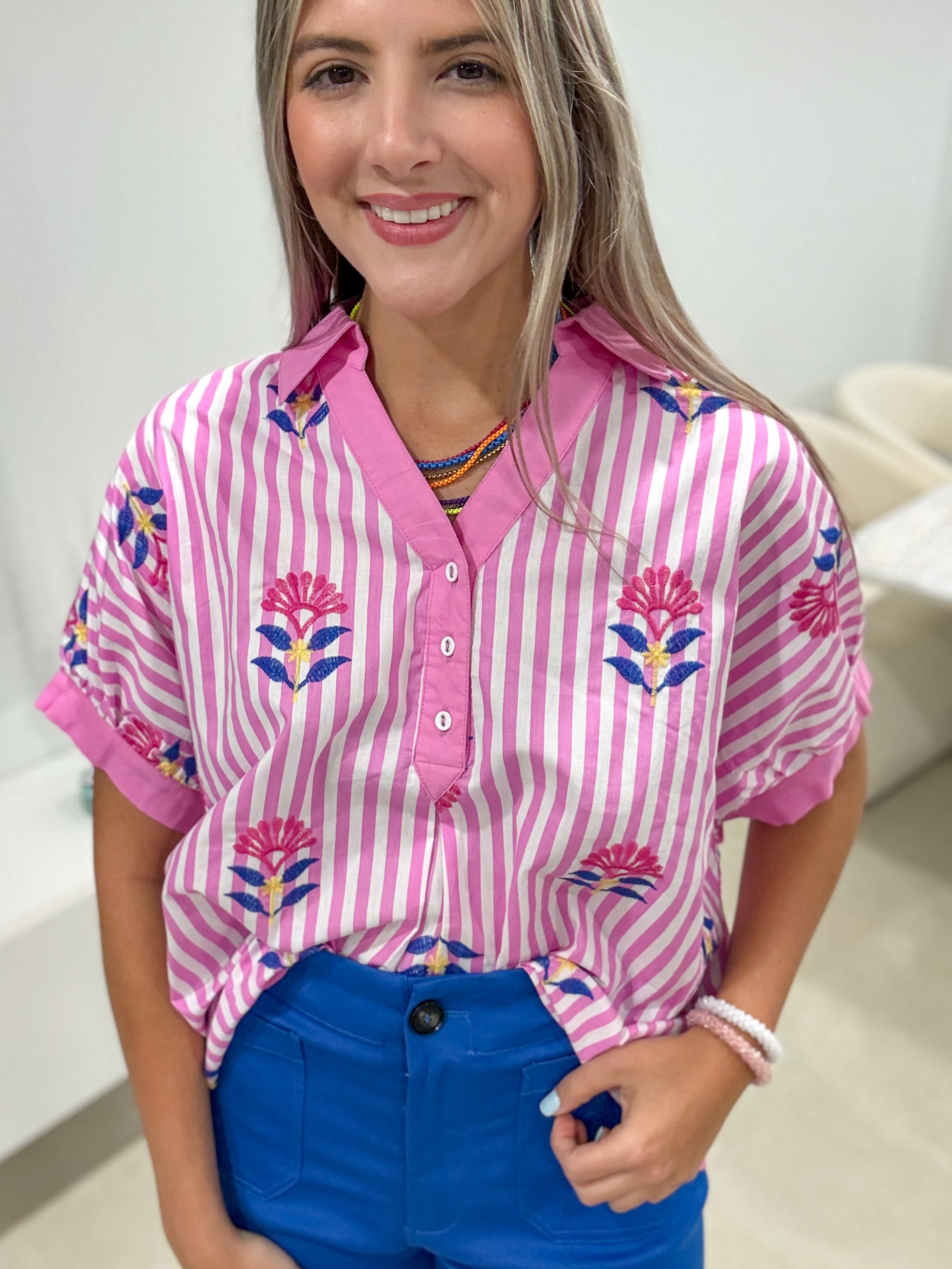 PINK/BLUE FLOWER EMBROIDED TUNIC BLOUSE