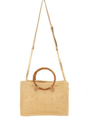 STUD EMBELLISHED STRAW WOODEN CROSSBODY BAG