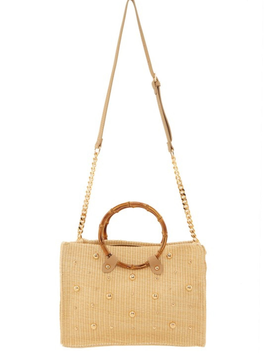 STUD EMBELLISHED STRAW WOODEN CROSSBODY BAG