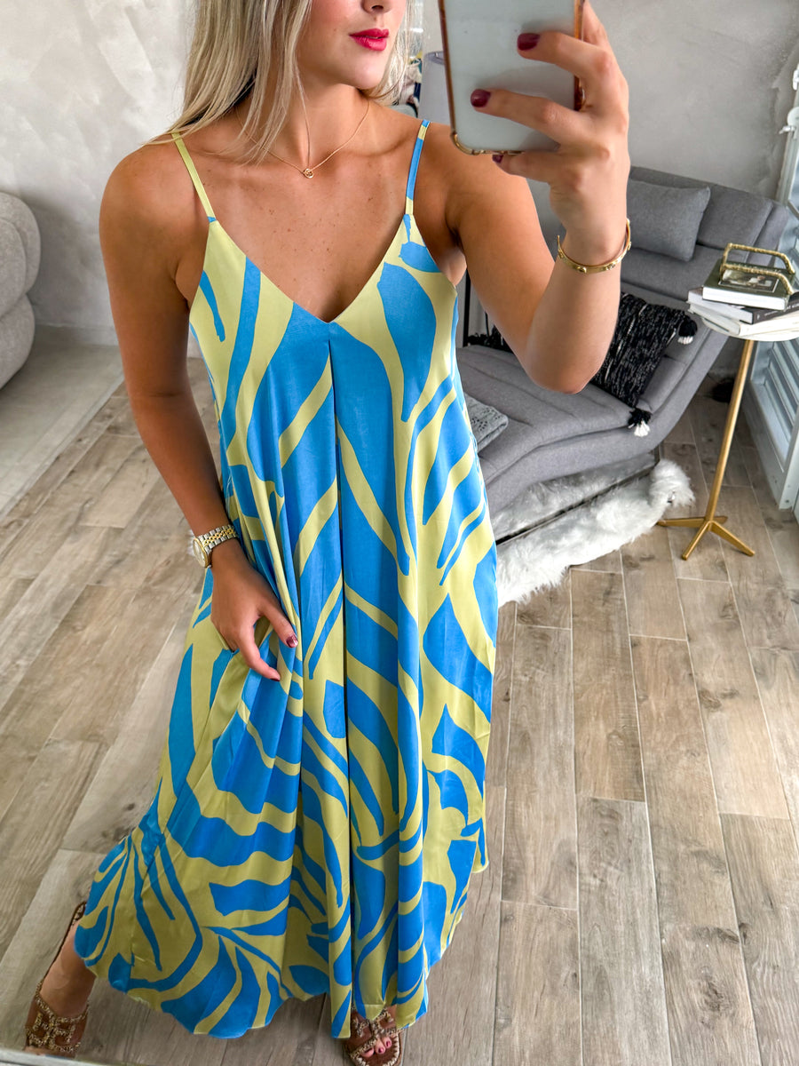 BLUE/GREEN SILKY MAXI DRESS