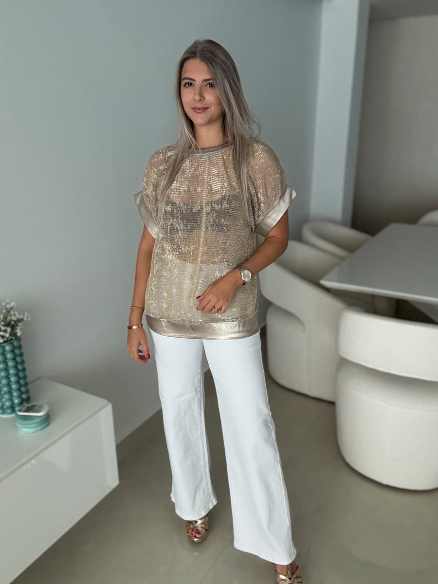 TAUPE/GOLD STRETCHY BLOUSE