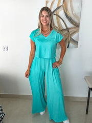 AQUA V-NECK TOP & WIDE LEG PANT SET