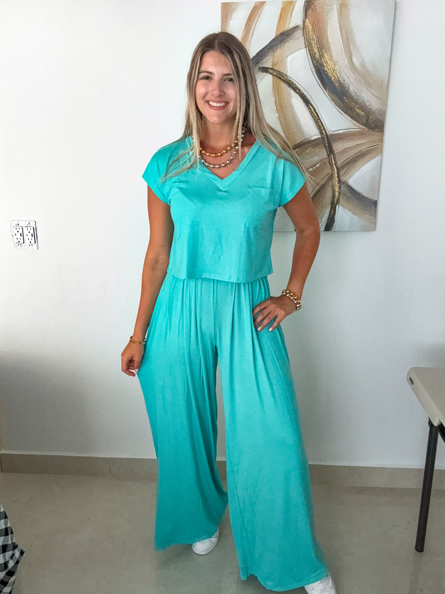 AQUA V-NECK TOP & WIDE LEG PANT SET