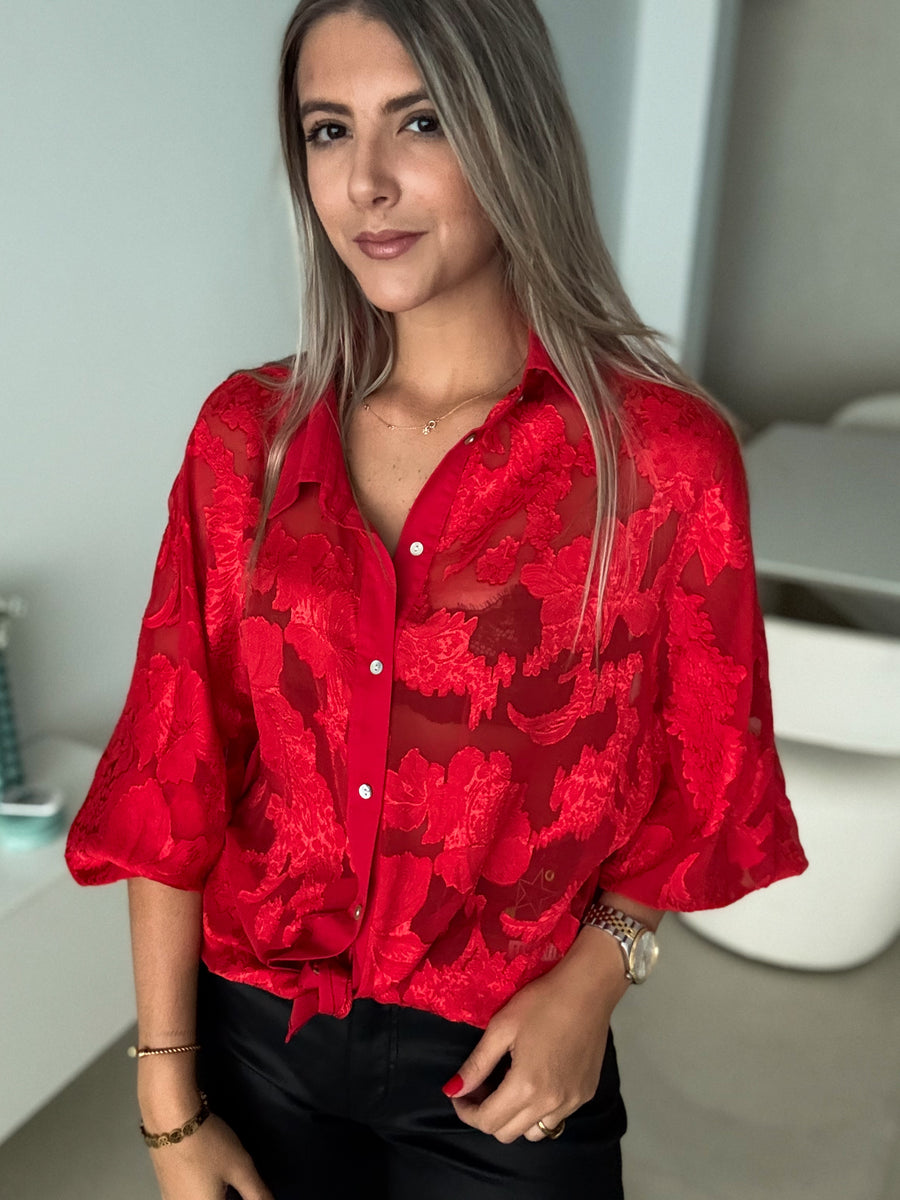 RED SATIN EMBROIDED DETAIL BLOUSE