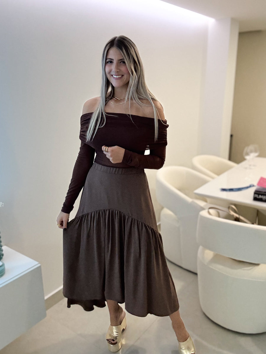 BROWN OFF SHOULDER LONG SLEEVE MESH BODYSUIT