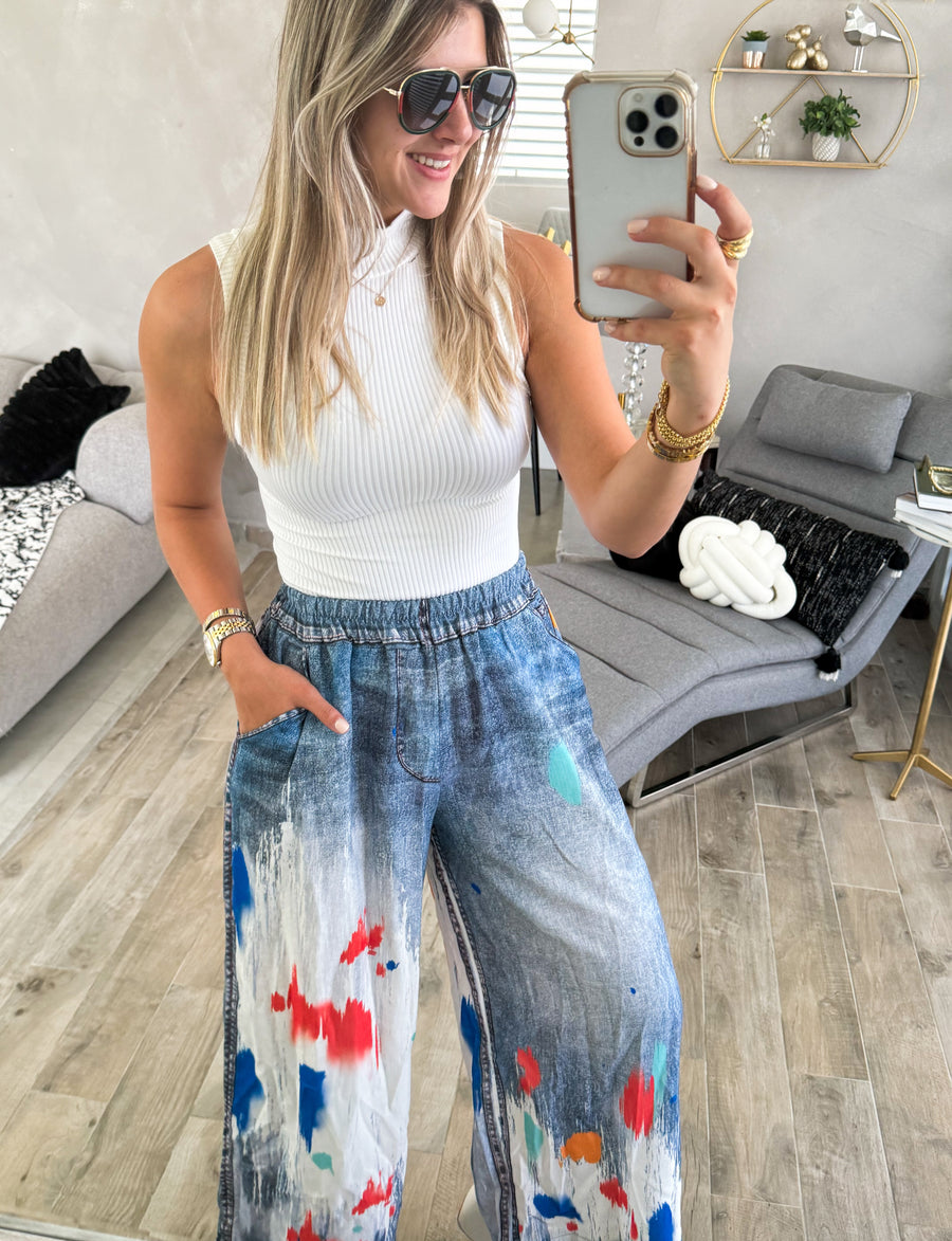 PAINT BRUSH DENIM ILLUSION PALAZZOS