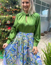 LIGHT GREEN SATIN TWISTED NECK BLOUSE