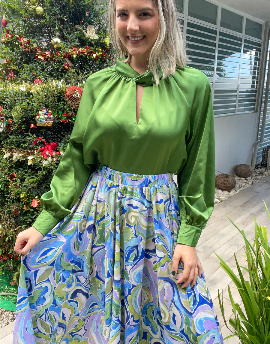 LIGHT GREEN SATIN TWISTED NECK BLOUSE