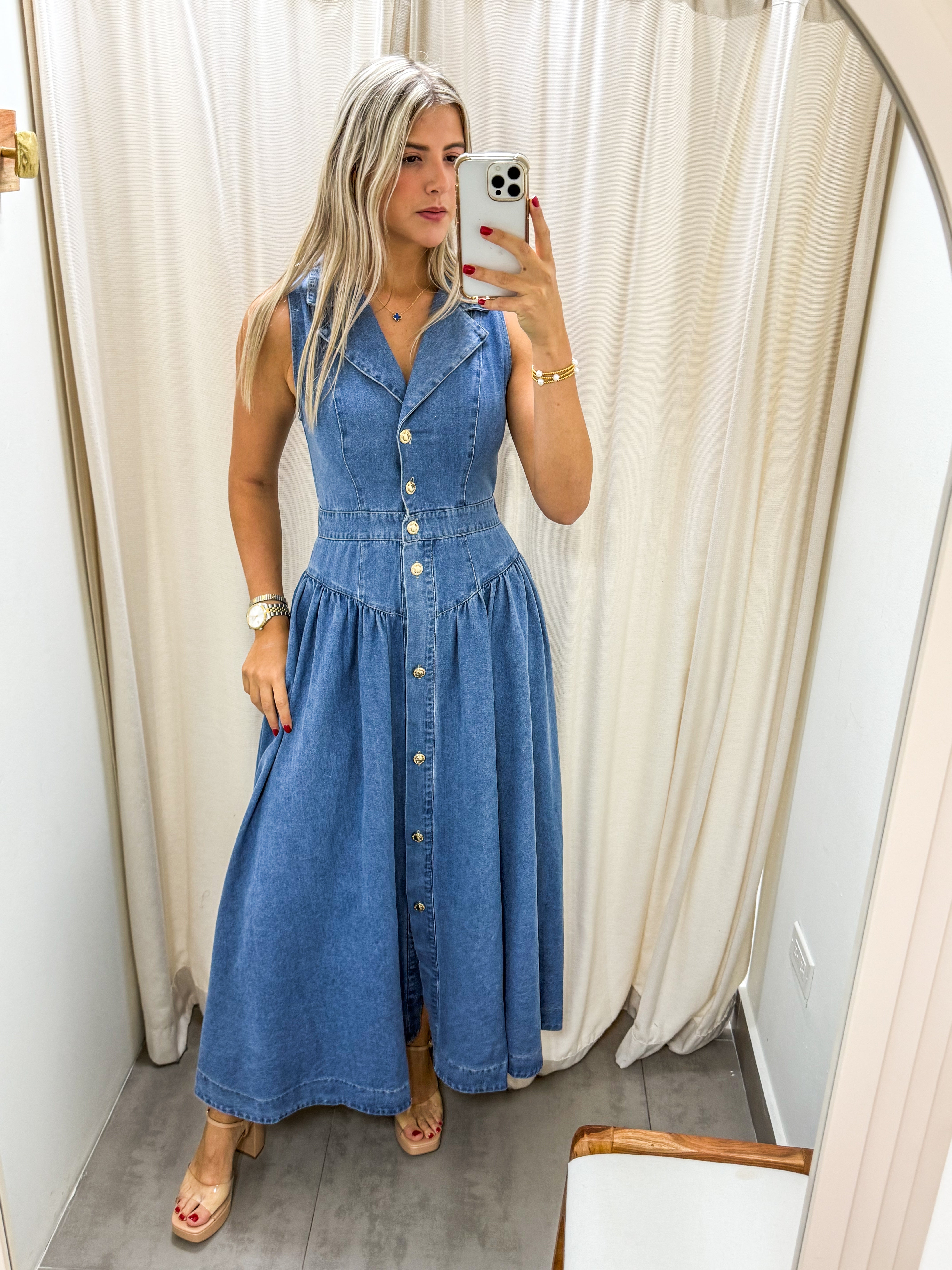 DENIM COLLAR MIDI DRESS