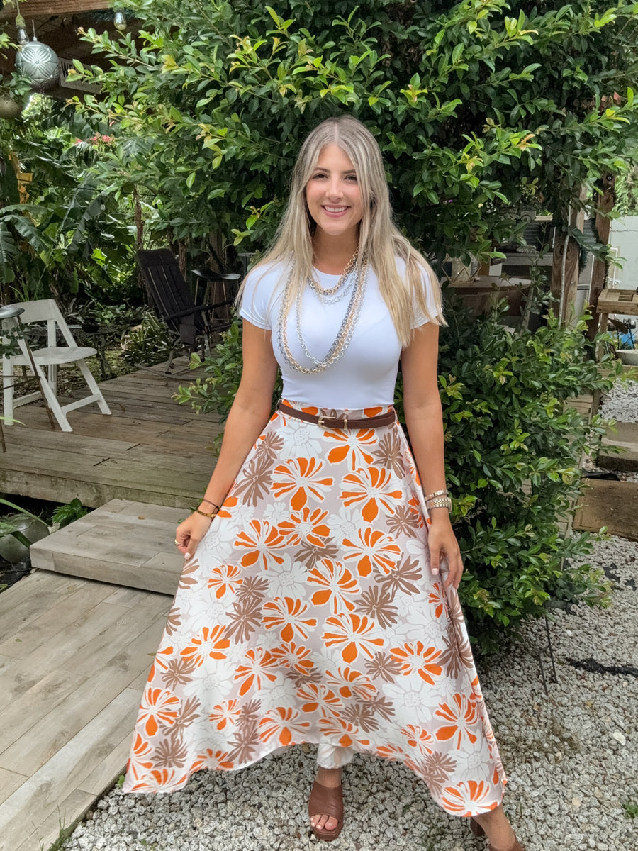 BEIGE/ORANGE BELTED FLORAL PRINT SKIRT