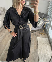 BLACK SATIN CARGO JUMPSUIT