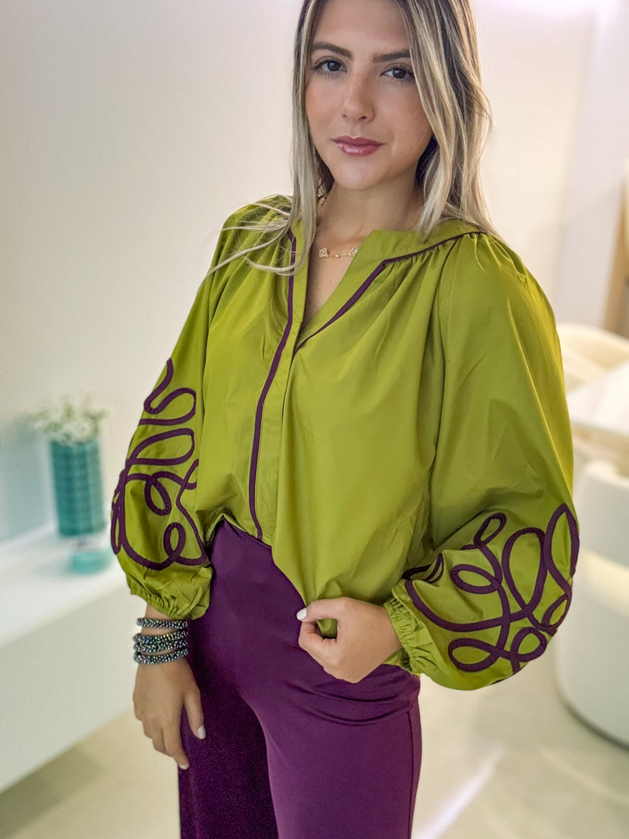 GREEN/PLUM DETAILED BLOUSE