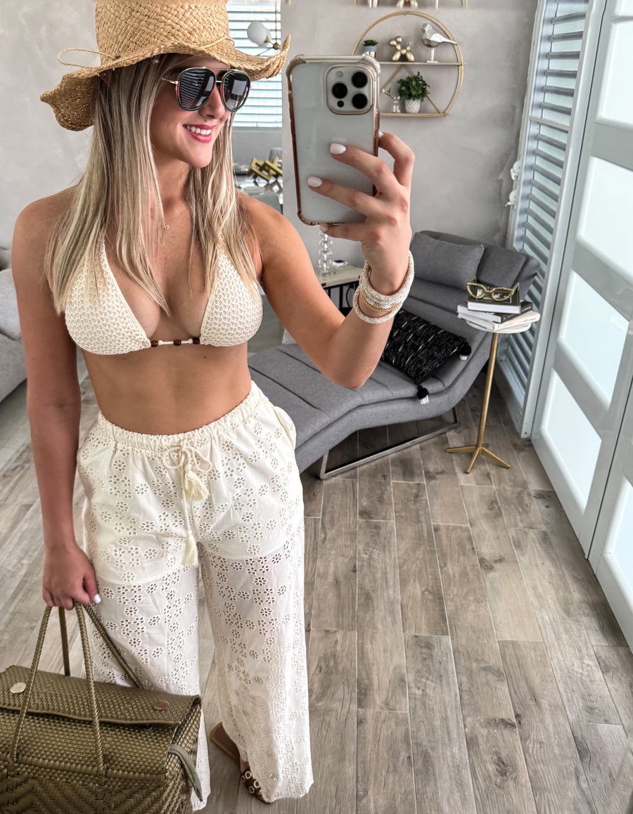 CREAM EYELET WIDE LEG PANTS