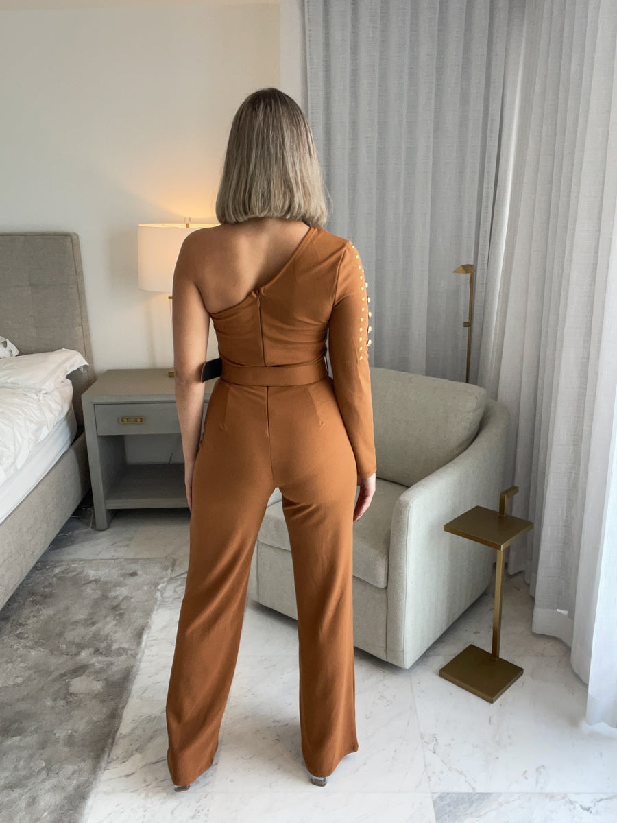 CAMEL ONE SHOULDER STUDDED JUMPSUIT